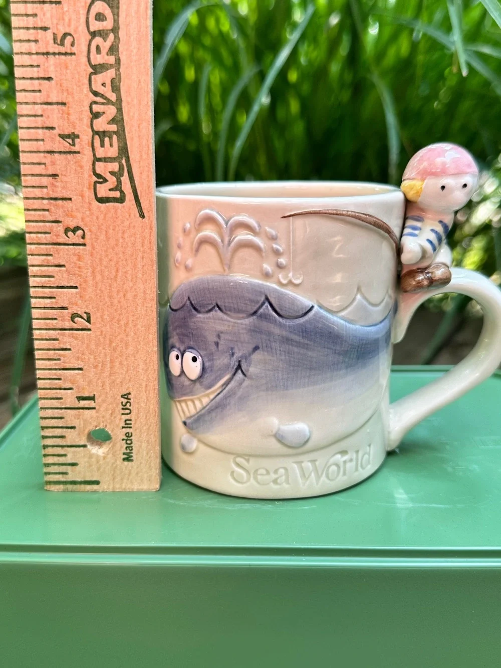Vintage SeaWorld Ceramic Mug 3D Blue Whale & Fishing Sailor On Handle